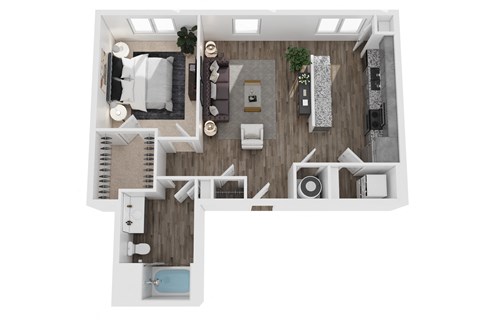 a stylized floor plan with a bedroom and a living room
